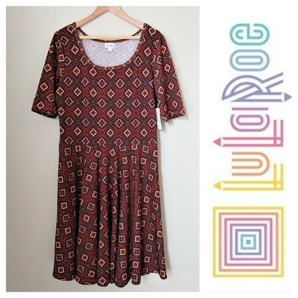 NWT 3XL Lularoe Nicole Dress- Fall Color Geometric Print Fit & Flare Stretch - Picture 1 of 7
